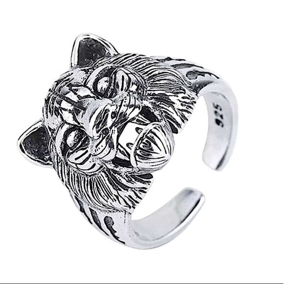 STERLING SILVER LUON TIGER HEAD PUNK VIKING RING - Picture 4 of 6